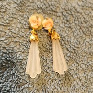 Elegant Vintage Gold Tone and Pink Rose Porcelain Drop Earrings, Mother's Day